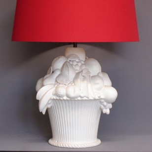 Single white CHAUMETTE basket of fruit table lamp.